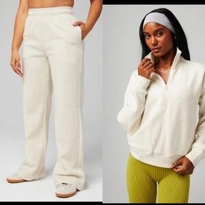 Fabletics Set- Cozy Fleece Wide Leg Sweats/Half-Zip Sweatshirt-Bone Heather-Sz S